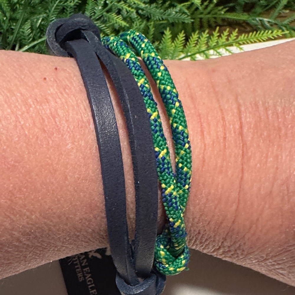Braided Green & Blue Cord with Black Leather Wrap Bracelet (BR555) - Picture 2 of 4